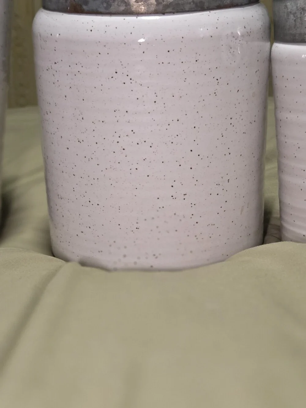 Set of 3 White Speckled Ceramic Canisters w/ Galvanized Metal Lids Farmhouse Kit
